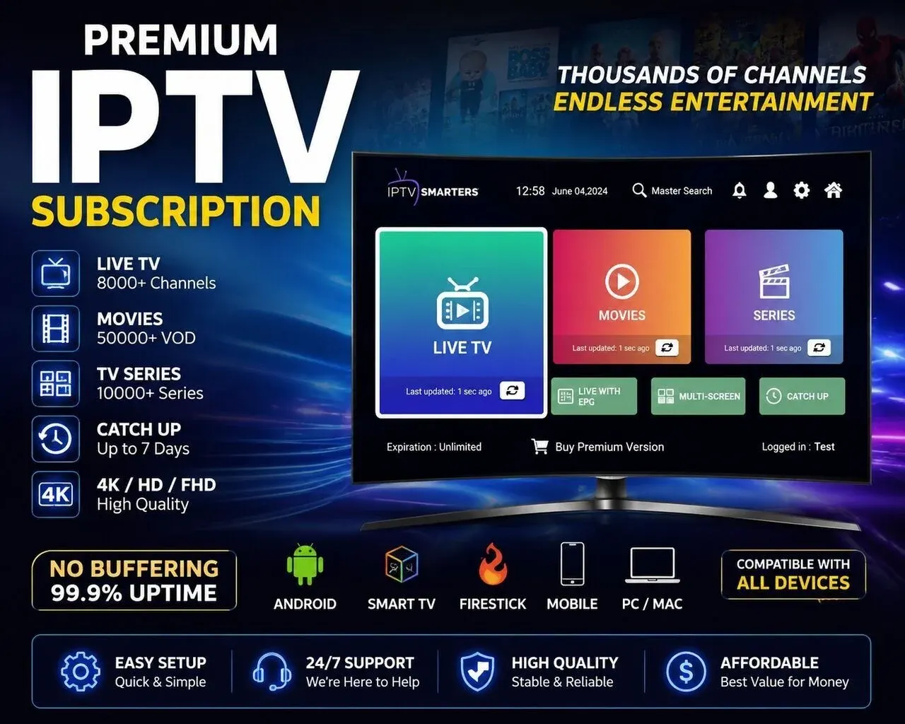Abonnement IPTV Smarters 12 mois 2 écrans : regardez en simultané sur Smart TV, ordinateur, tablette et smartphone