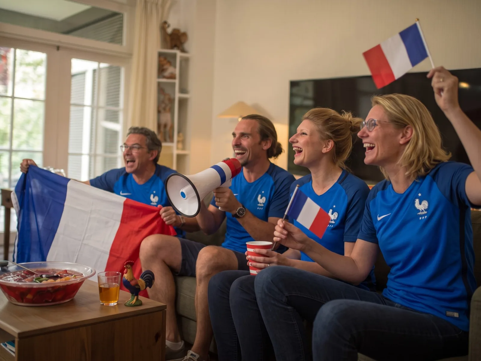 Des supporters français fêtent un match de football en direct grâce à leur abonnement IPTV Smarters sur grand écran